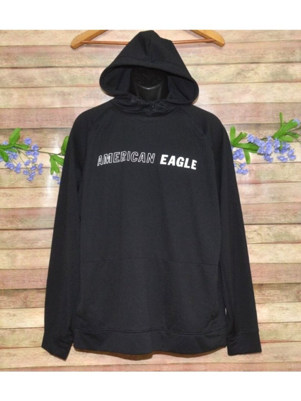 Mens XL American Eagle AE Flex Black Pullover Hoodie Lightweight Spell Out MINT
